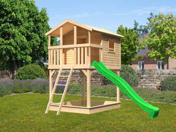 Akubi Stelzenhaus Benjamin naturbelassen + Rutsche grün + Sandkasten Akubi Stelzenhaus Benjamin naturbelassen + Rutsche grün + Sandkasten
