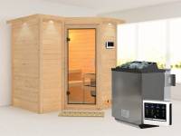 Karibu Sauna Sahib 1 inkl. 9 kW Bioofen mit ext. Steuerung, mit Klarglas-Ganzglastür -mit Dachkranz-