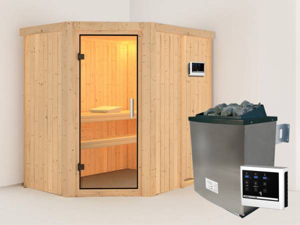 Karibu Sauna Carin- Klarglas Saunatür- 4,5 kW Ofen ext. Strg- ohne Dachkranz
