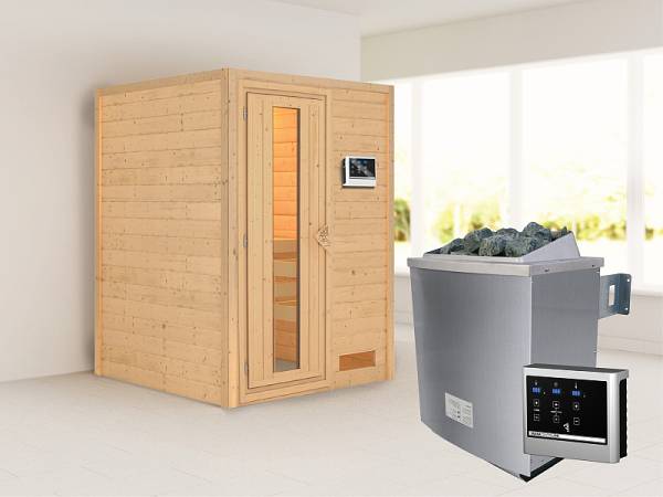 Karibu Woodfeeling Sauna Svenja- energiesparende Saunatür- 4,5 kW Ofen ext. Strg- ohne Dachkranz
