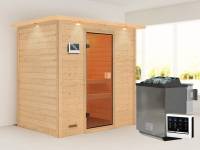 Karibu Sauna Selena mit 4,5 kW BIO-Ofen ext. Strg mit Dachkranz