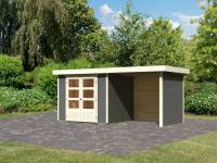 Karibu Woodfeeling Gartenhaus Askola 3 in terragrau mit Anbaudach 2,40 Meter, Seiten- und Rückwand