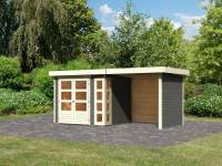 Karibu Woodfeeling Gartenhaus Kerko 3 in terragrau mit 2,40 m Anbaudach und Rück-und Seitenwänden