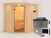 Karibu Sauna Carin inkl. 9 kW Ofen ext. Steuerung mit Klarglas Ganzglastür - mit Dachkranz -