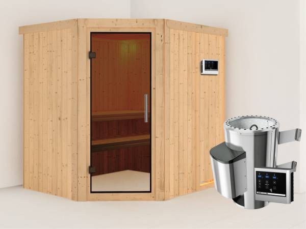 Lilja - Karibu Sauna Plug & Play 3,6 kW Ofen, ext. Steuerung - ohne Dachkranz - Moderne Saunatür
