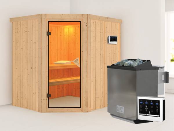 Karibu Sauna Siirin 68 mm- klassische Saunatür- 4,5 kW Bioofen ext. Strg- ohne Dachkranz