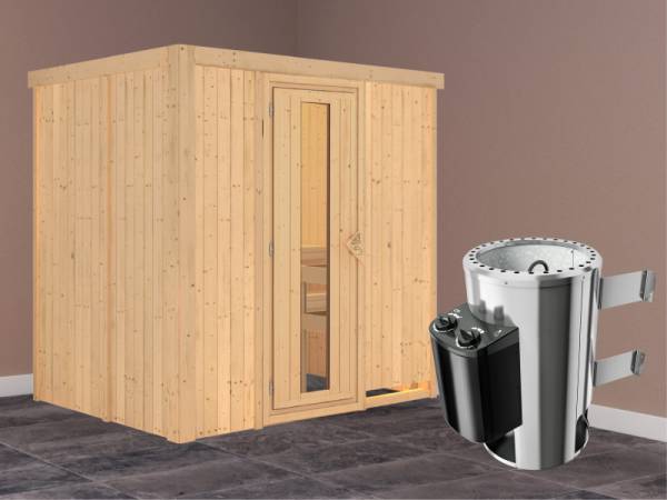 Fanja - Karibu Sauna Plug &amp; Play 3,6 kW Ofen, int. Steuerung - ohne Dachkranz - Energiespartür