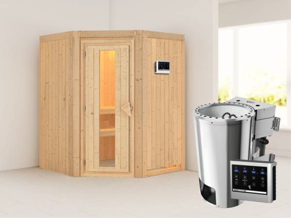 Nanja - Karibu Sauna Plug & Play 3,6 kW Bio Ofen, ext. Steuerung - ohne Dachkranz - Energiespartür