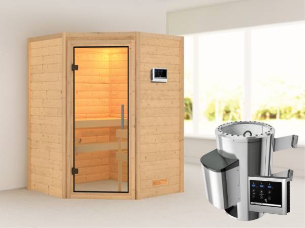 Alicja - Karibu Sauna Plug &amp; Play 3,6 kW Ofen, ext. Steuerung - ohne Dachkranz - Klarglas Ganzglastür