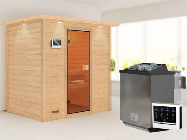 Karibu Sauna Sonja inkl. 9 kW Bioofen ext. Steuerung mit klassischer Saunatür -mit Dachkranz-