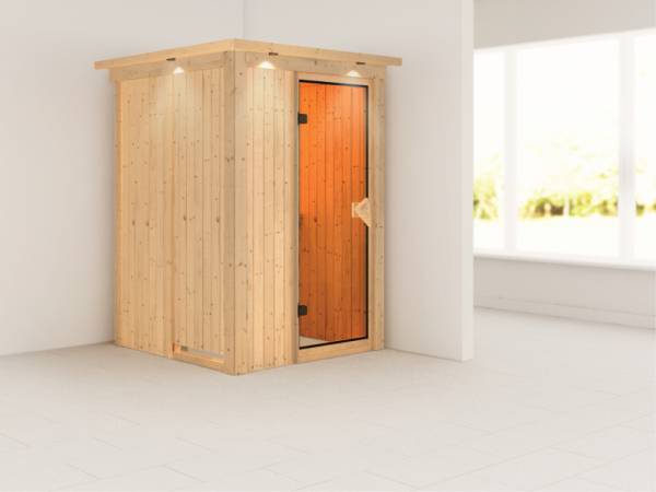 Lenja - Karibu Sauna Plug & Play ohne Ofen - mit Dachkranz - Lenja - Karibu Sauna Plug & Play ohne Ofen - mit Dachkranz -