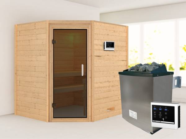 Karibu Sauna Mia- moderne Saunatür- 4,5 kW Ofen ext. Strg- ohne Dachkranz