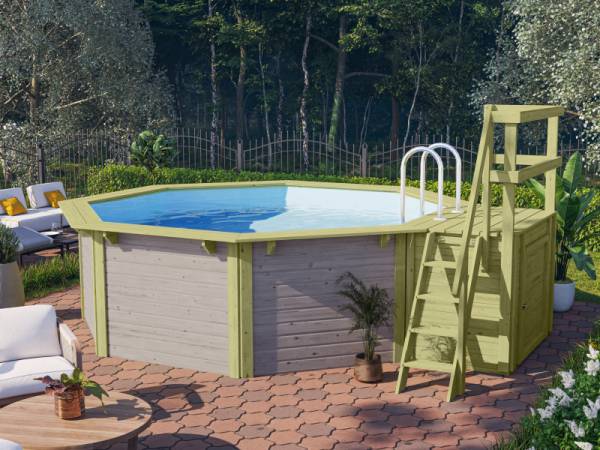 Karibu Pool Modell 1 X im Set mit Terrasse wassergrau - Folie Blau