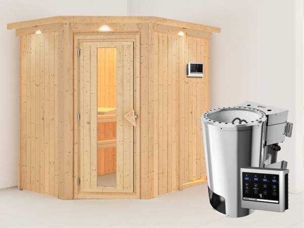 Saja - Karibu Sauna Plug & Play 3,6 kW Bio Ofen, ext. Steuerung - mit Dachkranz - Energiespartür
