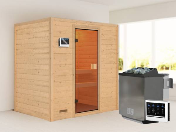 Karibu Sauna Selena mit 4,5 kW BIO-Ofen ext. Strg ohne Dachkranz