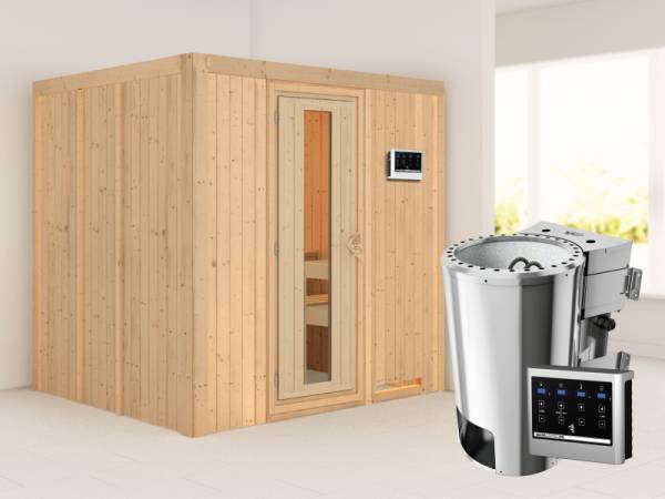 Daria - Karibu Sauna Plug &amp; Play 3,6 kW Bio Ofen, ext. Steuerung - ohne Dachkranz - Energiespartür