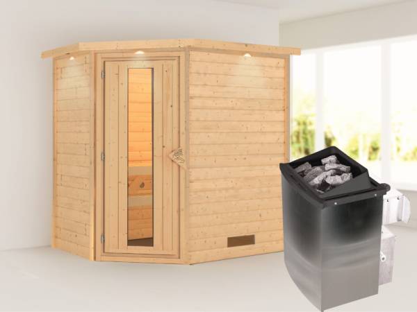 Karibu Sauna Svea - energiesparende Saunatür - 4,5 kW Ofen integr. Strg. - mit Dachkranz