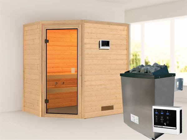 Karibu Sauna Svea - Classic Saunatür - 4,5 kW Ofen ext. Strg. - ohne Dachkranz
