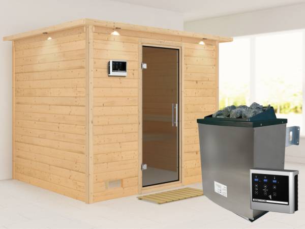 Karibu Sauna Sonara inkl. 9-kW-Ofen mit externer Steuerung, mit Dachkranz, mit moderner Saunatür