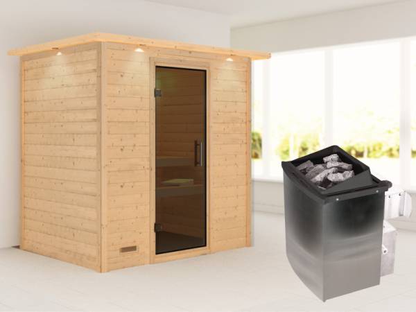 Karibu Sauna Sonja inkl. 9 kW Ofen integr. Steuerung mit moderner Saunatür -mit Dachkranz-