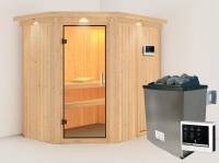 Karibu Sauna Carin- Klarglas Saunatür- 4,5 kW Ofen ext. Strg- mit Dachkranz