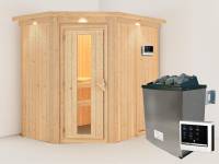 Karibu Sauna Carin inkl. 9 kW Ofen ext. Steuerung mit energiesparender Saunatür - mit Dachkranz -