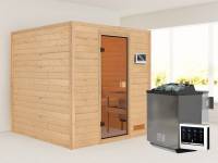 Karibu Sauna Jara inkl. 9 kW Bioofen ext. Steuerung mit klassischer Saunatür -ohne Dachkranz-