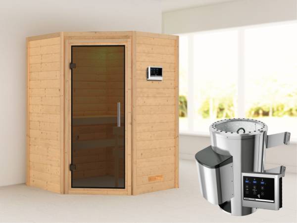 Alicja - Karibu Sauna Plug &amp; Play 3,6 kW Ofen, ext. Steuerung - ohne Dachkranz - Moderne Saunatür