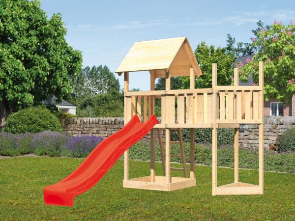 Akubi Spielturm Lotti Satteldach + Rutsche rot + Anbauplattform + Schiffsanbau oben Akubi Spielturm Lotti Satteldach + Rutsche rot + Anbauplattform + Schiffsanbau oben
