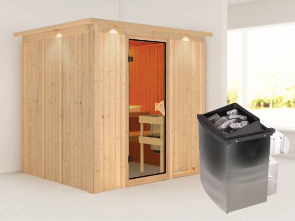 Karibu Sauna Sodin inkl. 9 kW Ofen integr. Steuerung mit bronzierter Ganzglastür - mit Dachkranz -