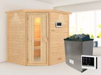 Karibu Sauna Mia- energiesparende Saunatür- 4,5 kW Ofen ext. Strg- mit Dachkranz
