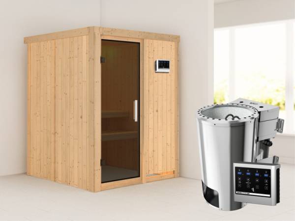 Minja - Karibu Sauna Plug & Play 3,6 kW Bio Ofen, ext. Steuerung - ohne Dachkranz - Moderne Saunatür