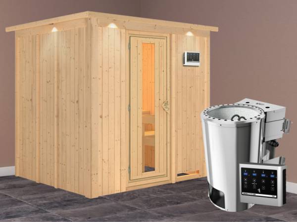 Daria - Karibu Sauna Plug &amp; Play 3,6 kW Bio Ofen, ext. Steuerung - mit Dachkranz - Energiespartür