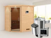 Cilja - Karibu Sauna Plug &amp; Play 3,6 kW Ofen, ext. Steuerung - mit Dachkranz - Moderne Saunatür