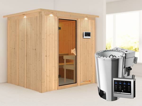 Daria - Karibu Sauna Plug &amp; Play inkl. 3,6 kW-Bioofen - mit Dachkranz -