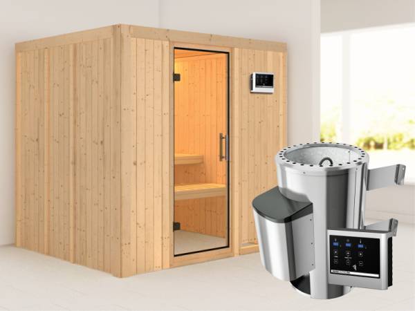 Daria - Karibu Sauna Plug &amp; Play 3,6 kW Ofen, ext. Steuerung - ohne Dachkranz - Klarglas Ganzglastür
