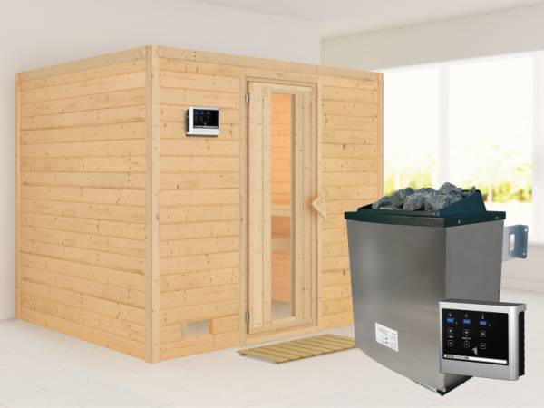 Karibu Sauna Sonara inkl. 9-kW-Ofen mit externer Steuerung, ohne Dachkranz, mit energiesparender Saunatür