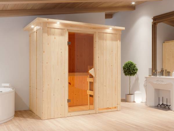 Karibu Sauna Variado inkl. 9 kW Bioofen ext. Steuerung, mit klassischer Saunatür -mit Dachkranz