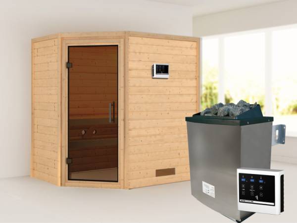 Karibu Sauna Svea - Moderne Saunatür - 4,5 kW Ofen ext. Strg. - ohne Dachkranz