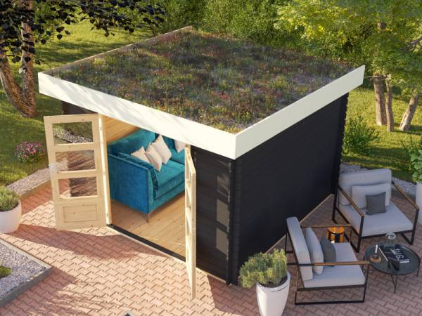 Karibu Gartenhaus Flora 3 anthrazit, inkl. selbstklebende Dachbahn, Vlies und Wurzelschutzfolie (für Dachbegrünung)