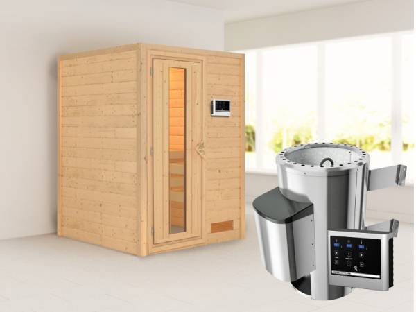 Nadja - Karibu Sauna Plug &amp; Play 3,6 kW Ofen, ext. Steuerung - ohne Dachkranz - Energiespartür