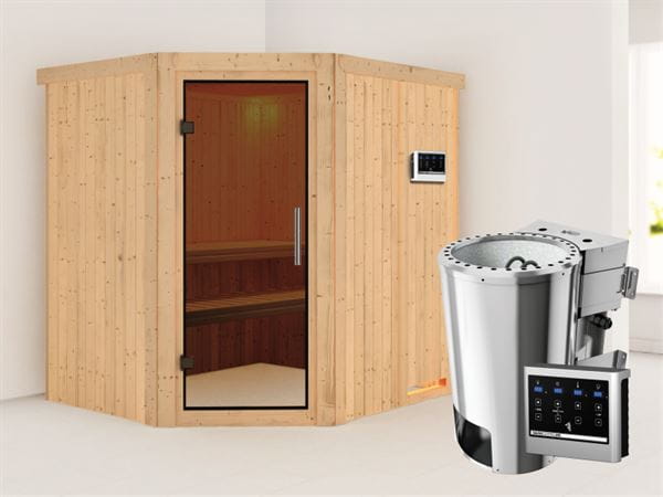 Lilja - Karibu Sauna Plug & Play 3,6 kW Bio Ofen, ext. Steuerung - ohne Dachkranz - Moderne Saunatür