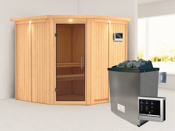 Karibu Sauna Jarin inkl. 9-kW-Ofen mit externer Steuerung, mit Dachkranz, mit moderner Saunatür