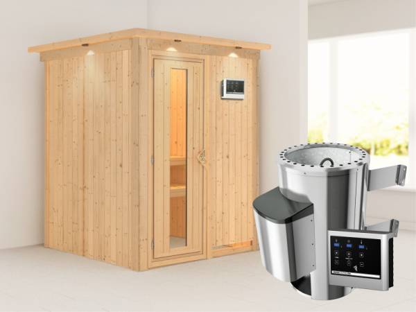 Minja - Karibu Sauna Plug & Play 3,6 kW Ofen, ext. Steuerung - mit Dachkranz - Energiespartür