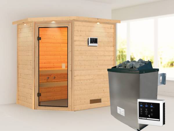 Karibu Sauna Svea - Classic Saunatür - 4,5 kW Ofen ext. Strg. - mit Dachkranz
