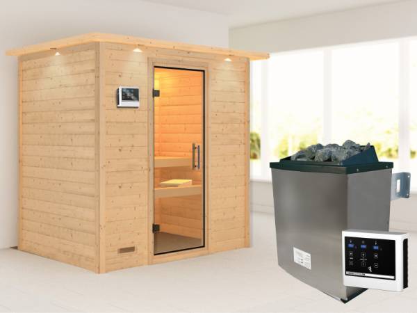 Karibu Sauna Sonja inkl. 9 kW Ofen ext. Steuerung mit Klarglas Ganzglastür -mit Dachkranz-