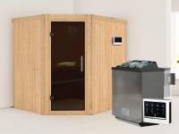 Karibu Sauna Siirin 68 mm- moderne Saunatür- 4,5 kW Bioofen ext. Strg- ohne Dachkranz