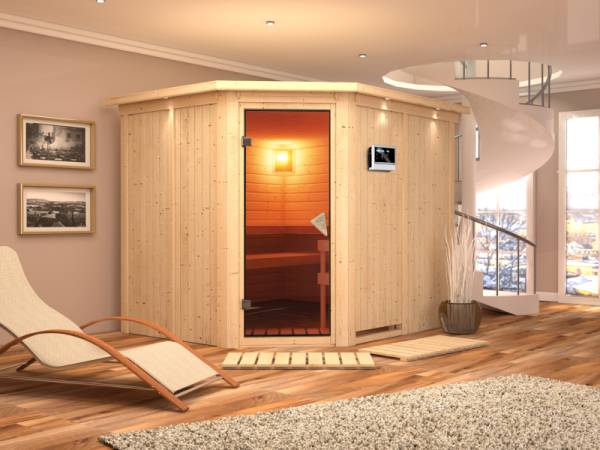 Malin - Karibu Sauna inkl. 9-kW-Ofen - mit Dachkranz -