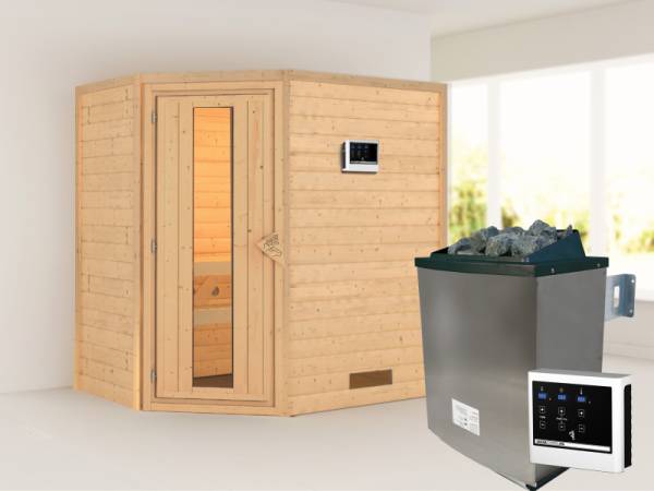 Karibu Sauna Svea inkl. 9 kW Ofen ext. Steuerung mit energiesparender Tür -ohne Dachkranz-
