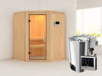 Nanja - Karibu Sauna Plug & Play 3,6 kW Bio Ofen, ext. Steuerung - ohne Dachkranz - Klarglas Ganzglastür